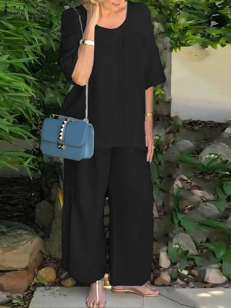

ZANZEA 2023 Summer Wide Leg Pant Tracksuits Casual Loose Pant Sets Women Square Neck Half Sleeve Tops 2pcs Outfits Blue Sets