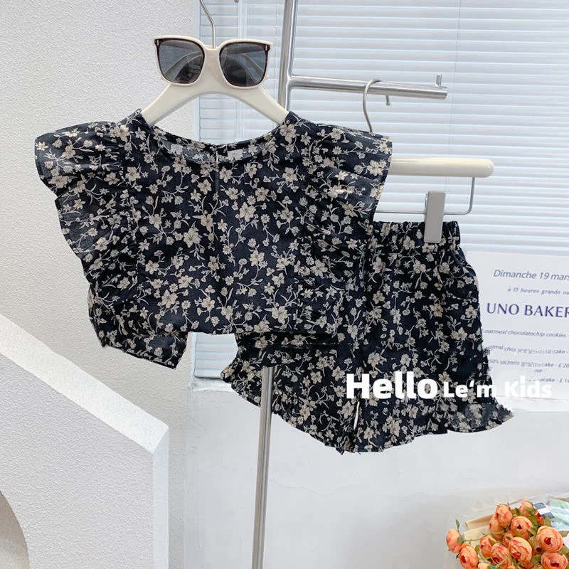 

New Summer Black Little Girls Flowers Sleeveless Lace Shorts Children Clothing Two Piece Set Birthday Vacation Outfits for Women