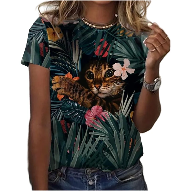 

Summer Forest Cute Cat Print Funny Elegant Ladies T-Shirt Retro Oversized Everyday Style Ladies Short Sleeves Women's Tops