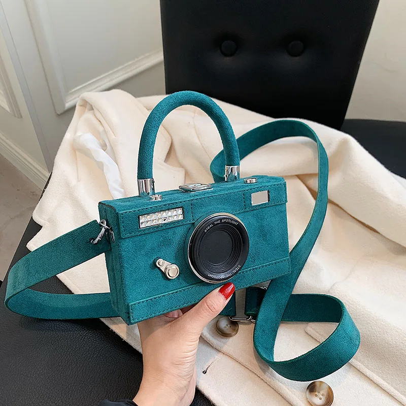 Camera Wide Shoulder Bags for Women Vintage Nubuck Leather Purses and Handbags Unusual Messenger Bag Creative Party Small Bag