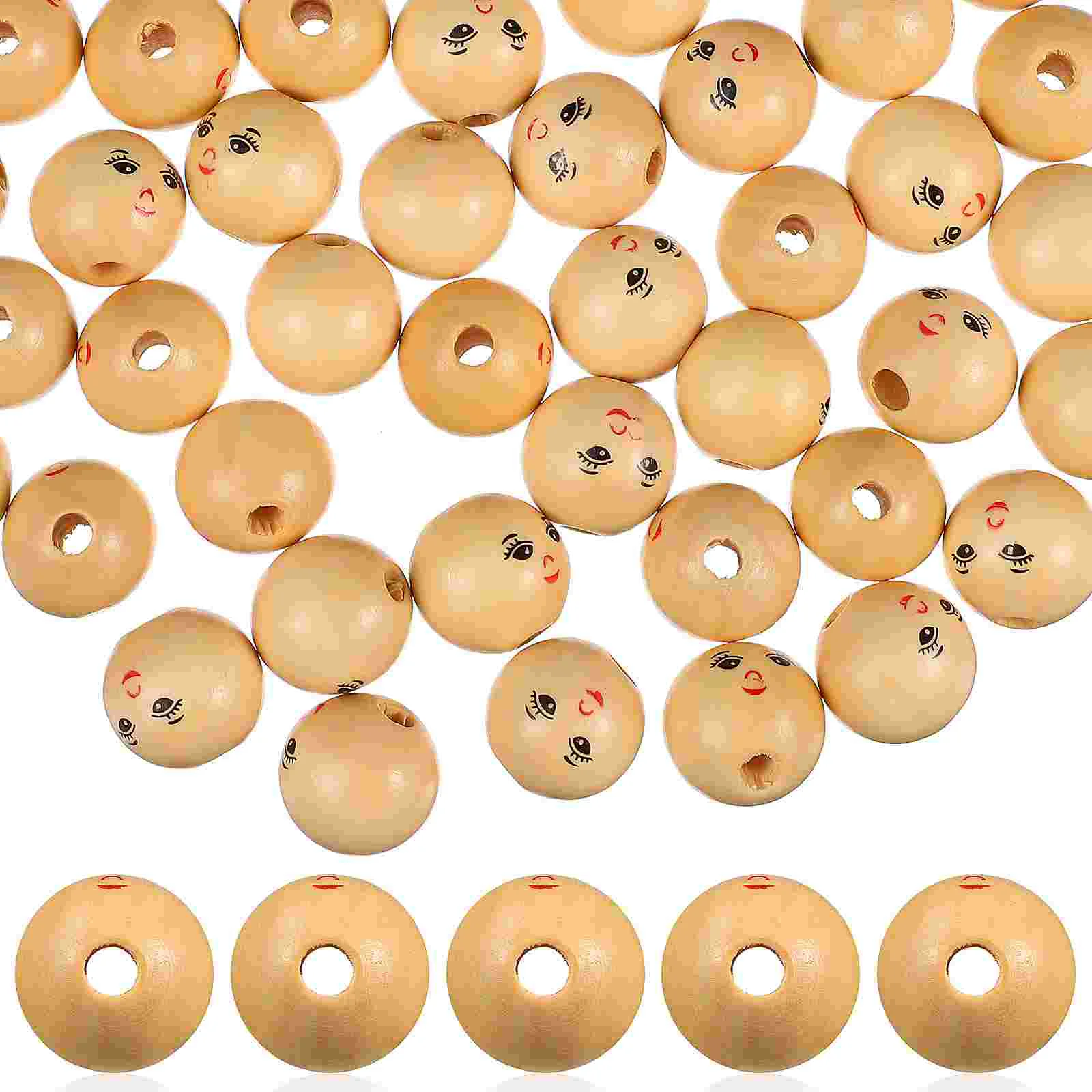 

50 Pcs Wood Bead Smile Face Beads Round Wooden Craft Large Hole With Holes Child Unfinished For Crafts