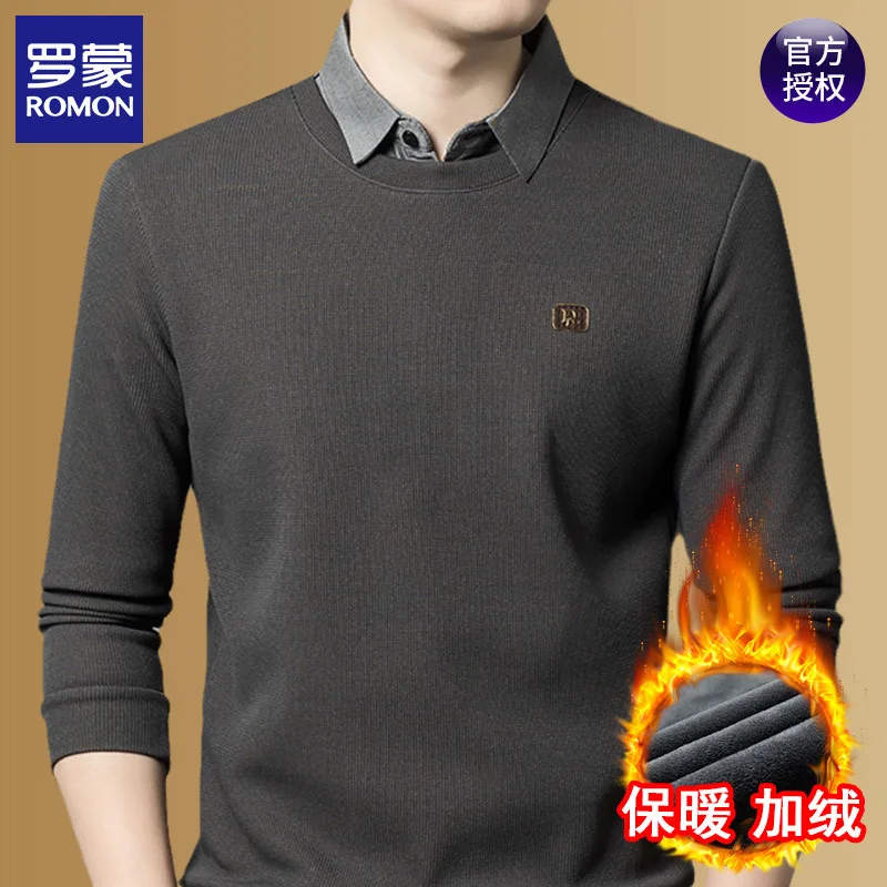 Romon Winter New Young and Middle-Aged Fake Two-Piece Bottoming Shirt Men Lapel Long sleeves Fleece-lined Thickened War...