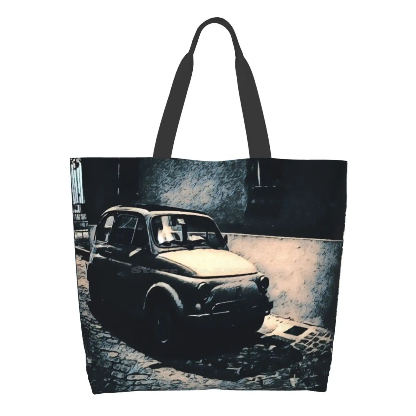 

A Classic Fiat 500 Car On A Cobbled Italian Street At Night Handbags Shoulder Bags Large size 500 Italy Italian Car