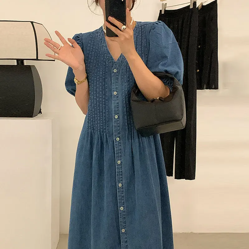 

E GIRLS Elegant Retro Dress Women V Neck Single Breasted Short Puff Sleeve Denim Dresses Streetwear Summer Korean Clothing