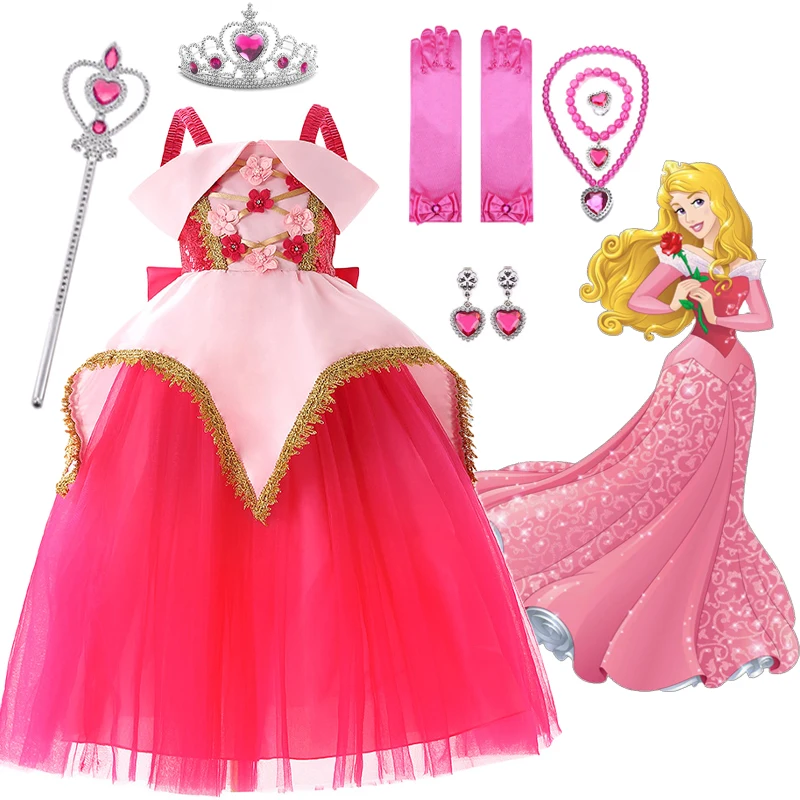 

Платье Принцессы Диснея Аврора для косплея, Детский костюм для косплевечерние на Хэллоуин, Спящая красавица, летнее платье с открытыми плеч...