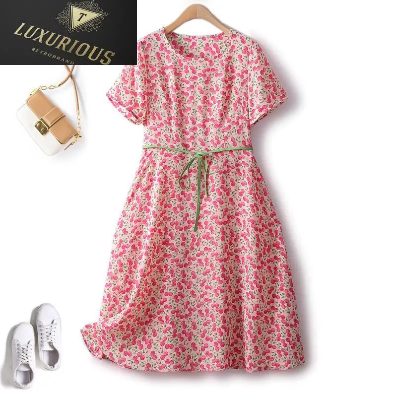 

Summer Elegant Party Dresses For Women 2023 Sweet Cherry Pattern High Waist Slim Large Swing Over Knee O Neck Chiffon Dress 4XL