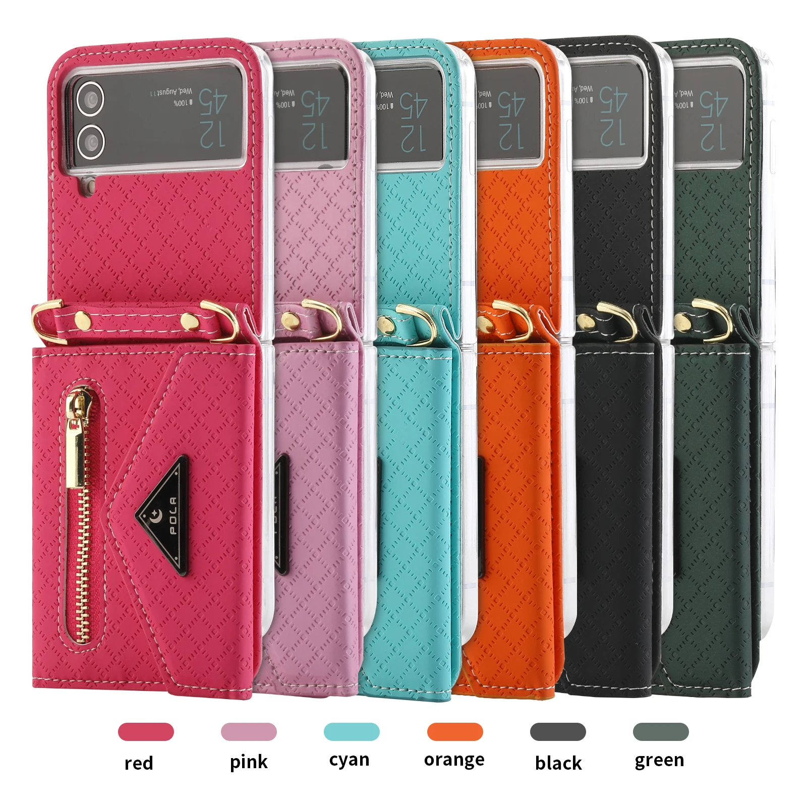 Original POLA Elegant Leather Full Hinge Cover for Samsung Galaxy Z Flip 4 3 Flip4 Shoulder Strap Backpack Zipper Card Slot Case