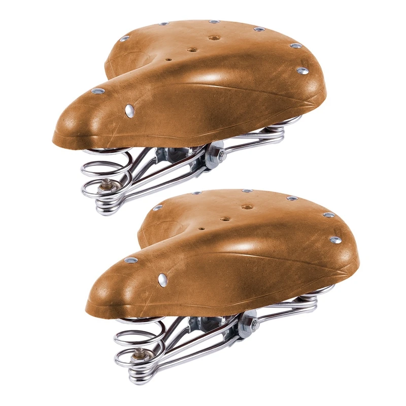 

2X Mountain Bike Saddle Retro Leather Cushion Soft And Comfortable Vintage Saddle Spring Cushion Bicycle Brown Seat