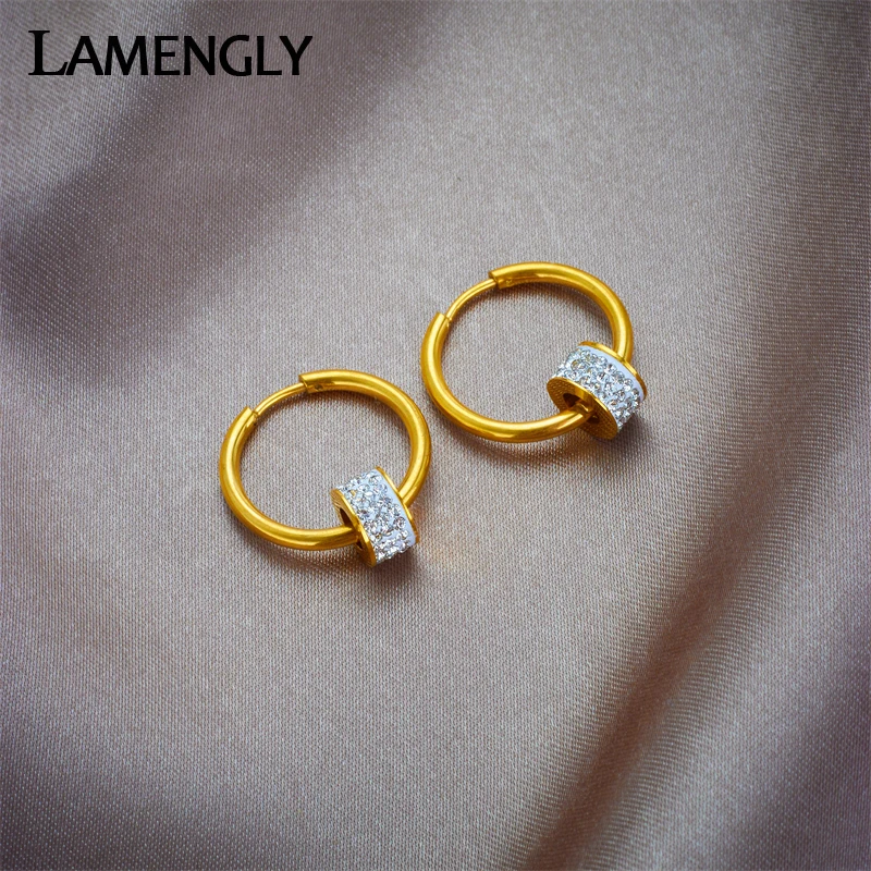 

LAMENGLY 316L Stainless Steel Zircon Hoop Earrings For Women Girl New Luxury Small Ear Buckle Waterproof Jewelry Gifts Серьги