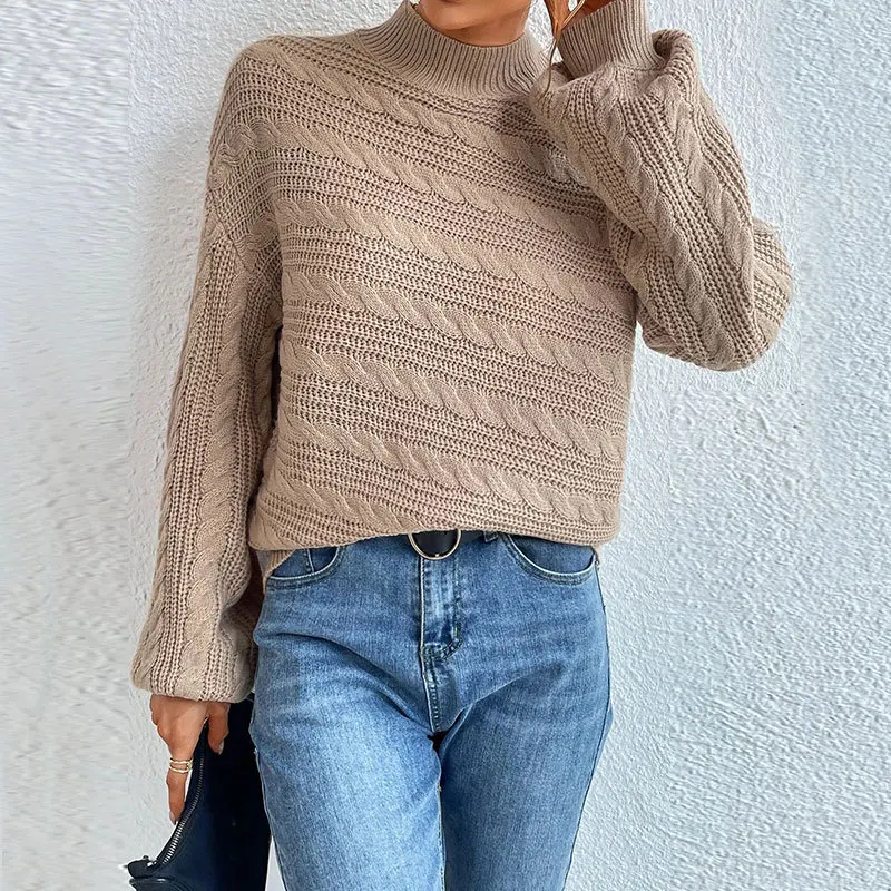 

Autumn and winter new solid color women's top Europe and America loose round neck pullover Fried Dough Twists sweater