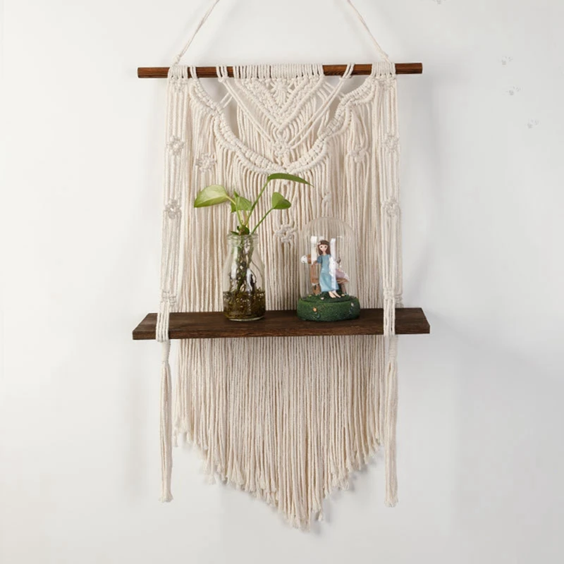 

Настенная подвесная полка для украшения растений макраме, деревянные полки для дома и улицы, декоративные веревочные стеллажи ручной работ...