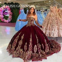 mexican girls burgundy quinceanera dresses removable sleeves birthday party gowns applique sweet 16 pageant gown velvet beaded