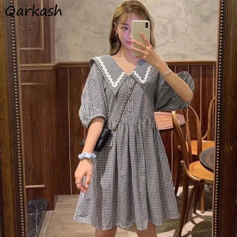 

Dresses Women Plaid Sailor Collar Trendy Simple High Waist Korean Style Colleges Lovely New Daily Streetwear Summer Cozy Vestido