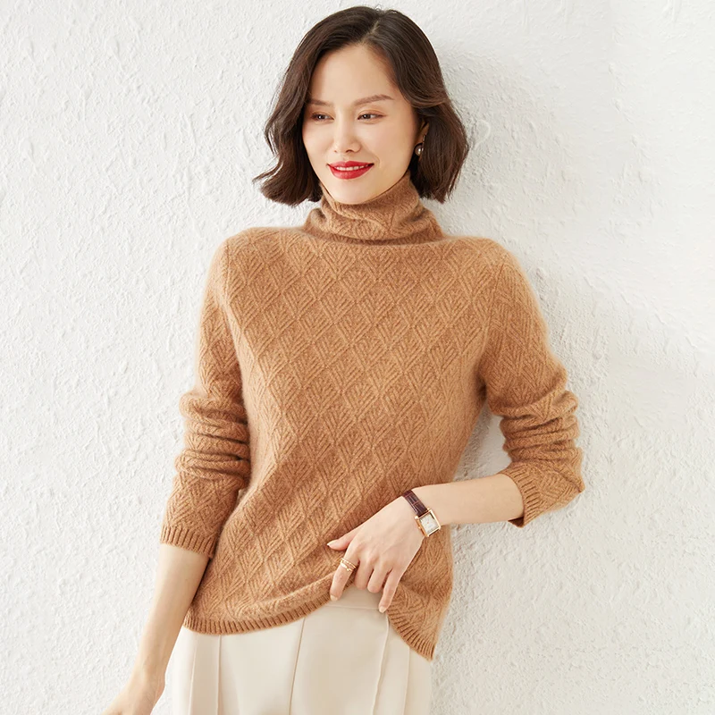 

2022 Wool Fashion Woman Sweaters Pullovers Slim fit Long Sleeve High Collar Solid Color Knitted Jumpers Ladies Sweater