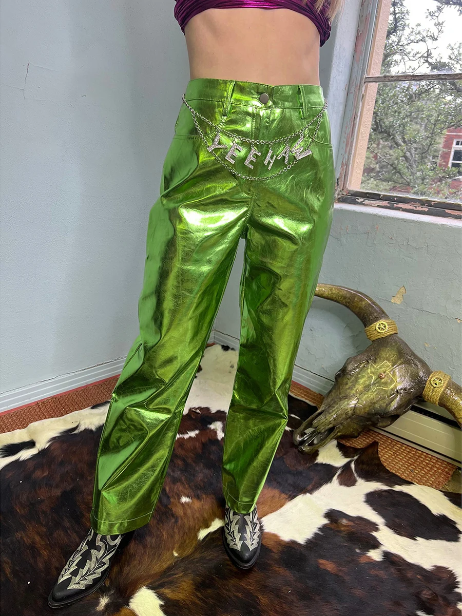 

Archipere Womens Shinny Metallic High Waist Stretchy Leather Pants Casual Wide Leg Faux PU Leather Solid Trousers with Pockets