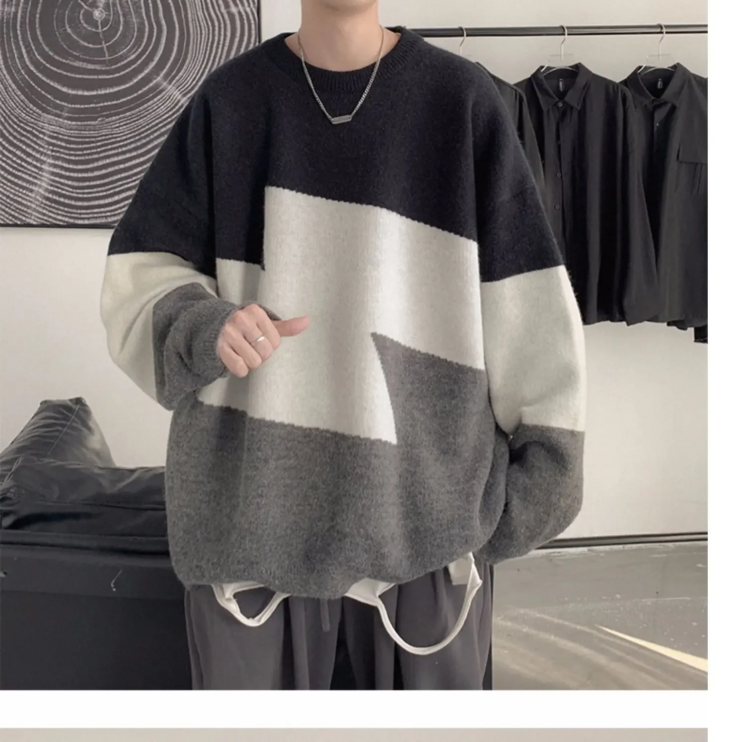 Новинка утепленный свитер контрастных цветов в гонконгском стиле Мужская