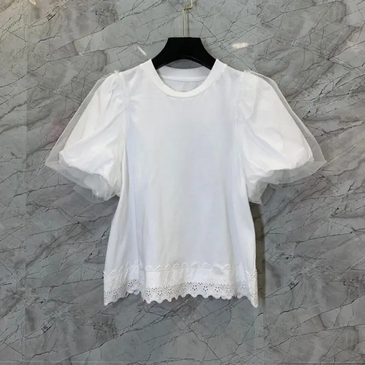 

VANOVICH 2022 Spring and Summer New Fashion Women's Top European and American Style Casual Mesh Patchwork Puff Sleeves Top