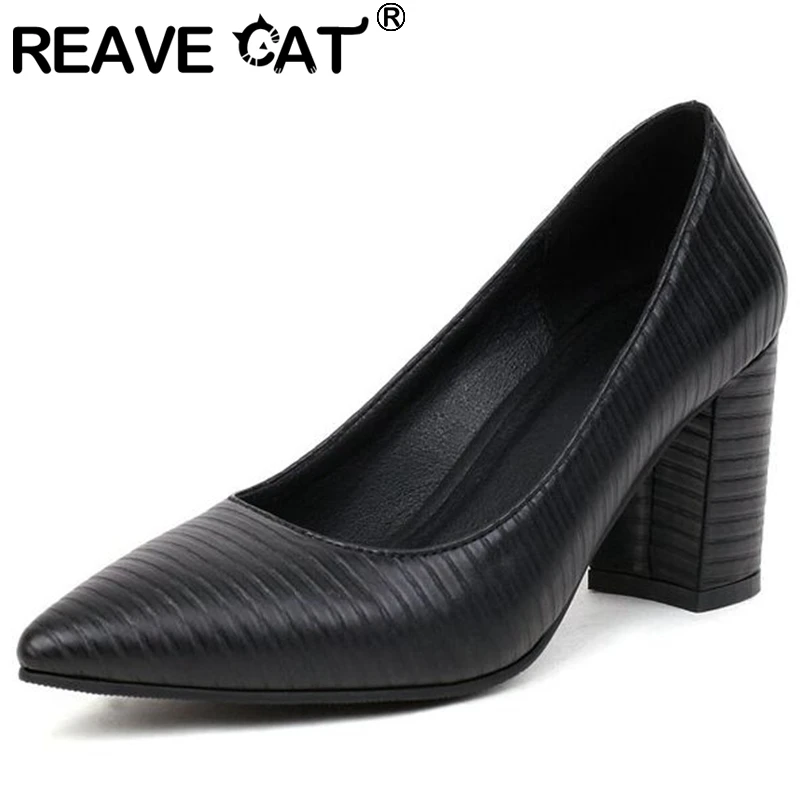 

REAVE CAT 2022 New Women Shoes Pumps Pointed Toe Block Heels Slip-on Stripe Big Size 33-43 Solid Black Pink Spring Office S3384