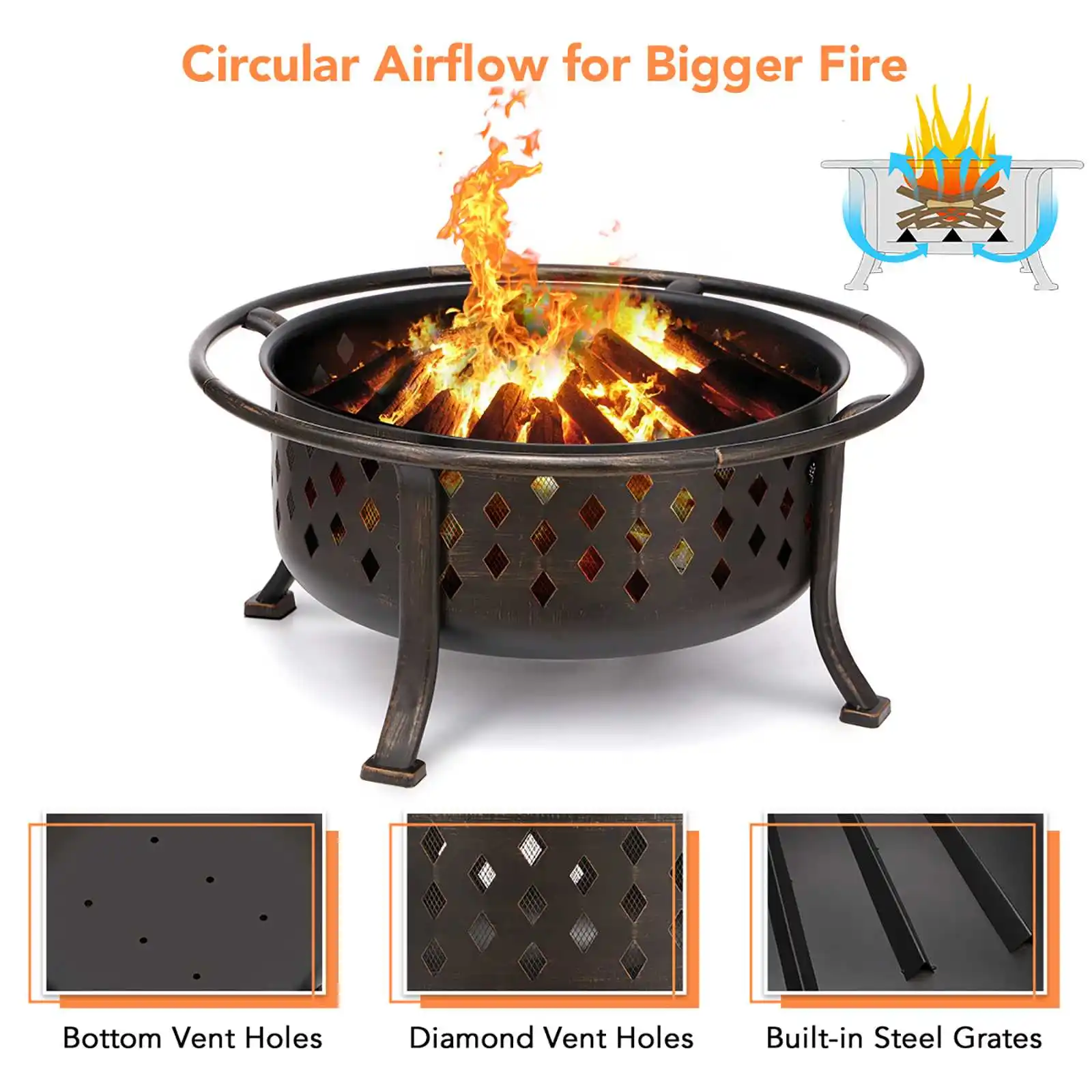 

36 inch Fire Pit Outdoor Wood Burning Fire Pits Heating Large Steel BBQ Grill Firepit Bowl for Winter with Cooking Grate