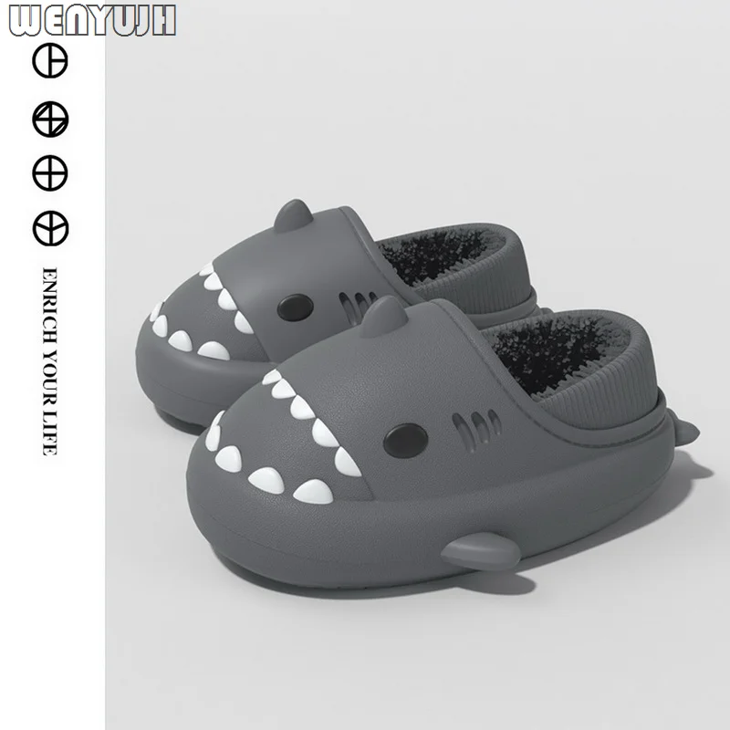

Kids Parents Adults Shark Slippers Winter Children Cartoon Home Slippers Women Man Indoor Waterproof Thick Bottom Plush Slippers