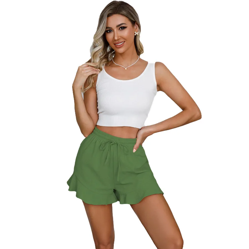 women's  cotton linen shorts summer elastic high waist drawstring casual solid shorts loose wide Leg short pants