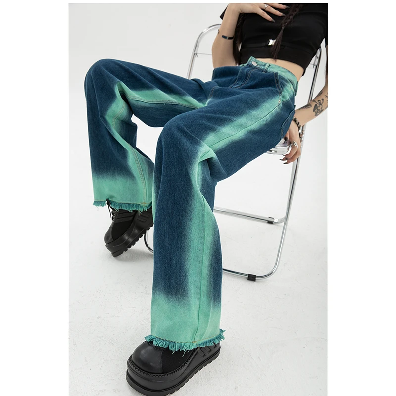 

Женские джинсы с завышенной талией, винтажные прямые мешковатые брюки, шикарный дизайн, уличная одежда, градиентные цвета, джинсовые брюки в стиле хип-хоп Y2K с широкими штанинами