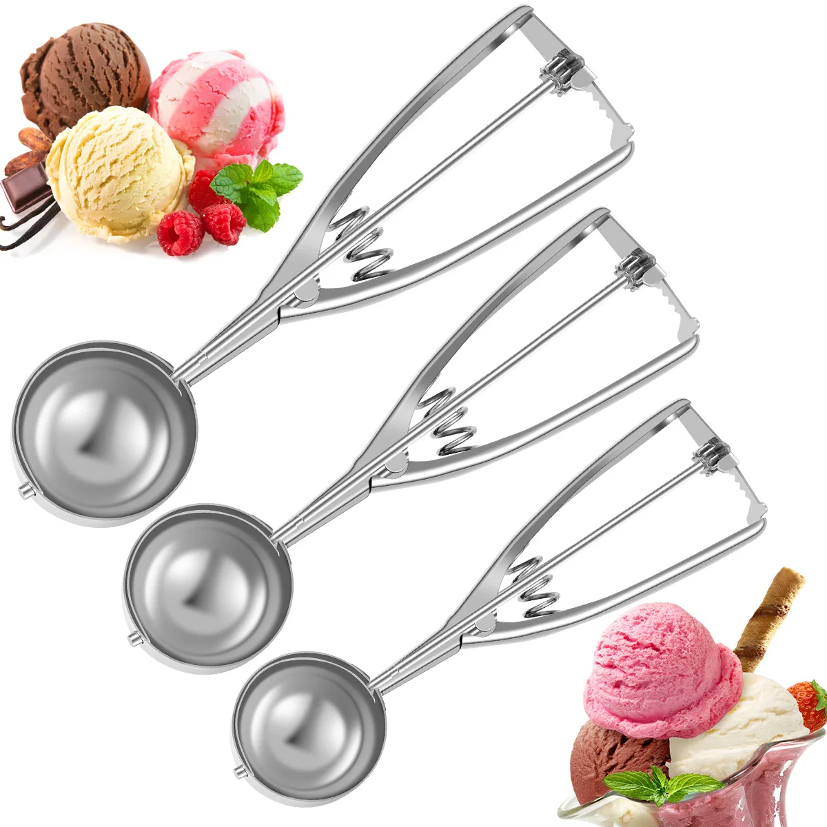 

3Pcs Ice Cream Scoop Set Stainless Steel Cookie Scooper Ergonomic Large Medium Small Size Kitchen Gadgets Baking Accescesories