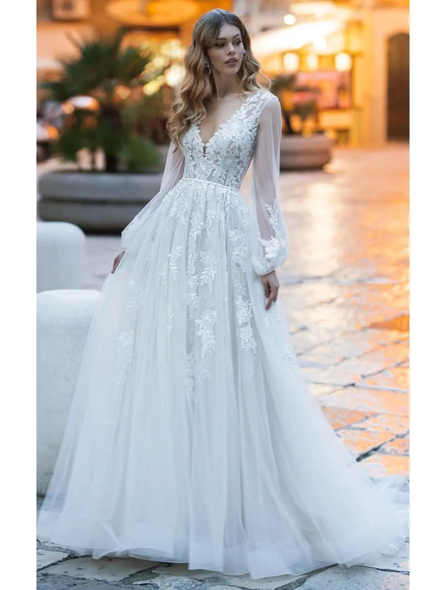 

Повседневные кружевные свадебные платья а-силуэта с V-образным вырезом, свадебное платье со шлейфом и аппликациями