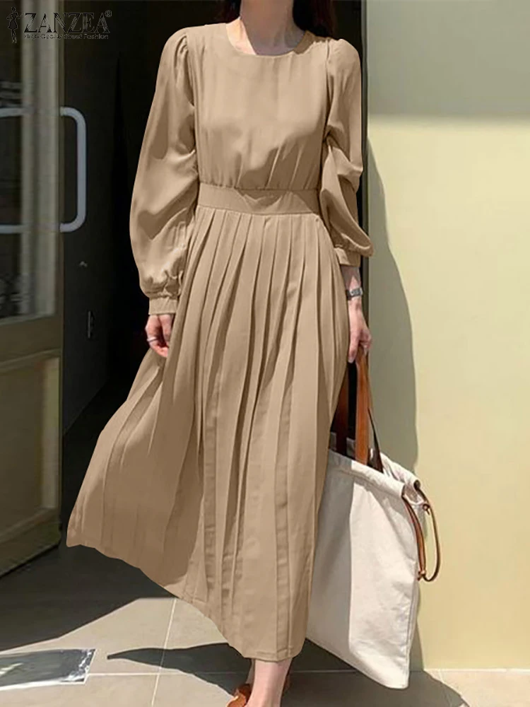 

2022 ZANZEA Elegant Women O Neck Long Sleeve Sundress Autumn Dress Fashion Solid Holiday Work Pleated Vestido Robe Femme Kaftan