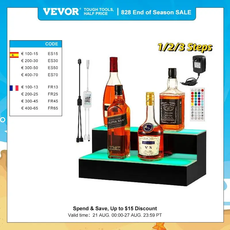 VEVOR LED Lighted Bar Shelf 1/2/3 Step Club Wine Bottle Rack