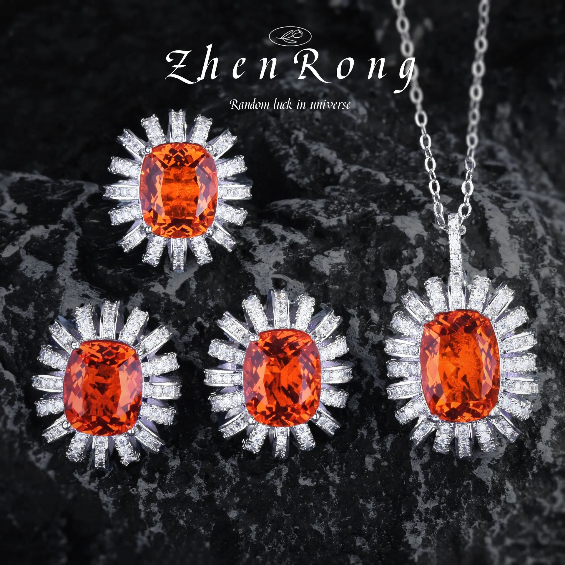 

Exquisite Luxury Color Zircon Jewelry Sets Women Fashion Silver Color Orange CZ Pendant Necklaces Earrings Rings Wedding Gifts