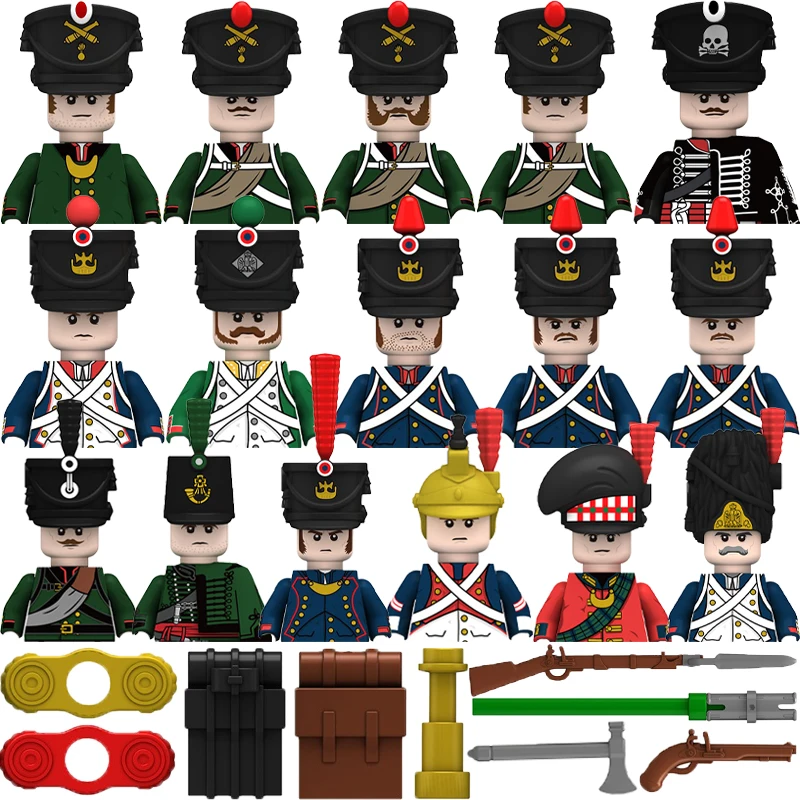 

Фигурки немецких войн, русская армия, французские солдаты, строительные блоки, аксессуары, пистолет, мечи, рюкзаки, военные кирпичи, Подарочные игрушки