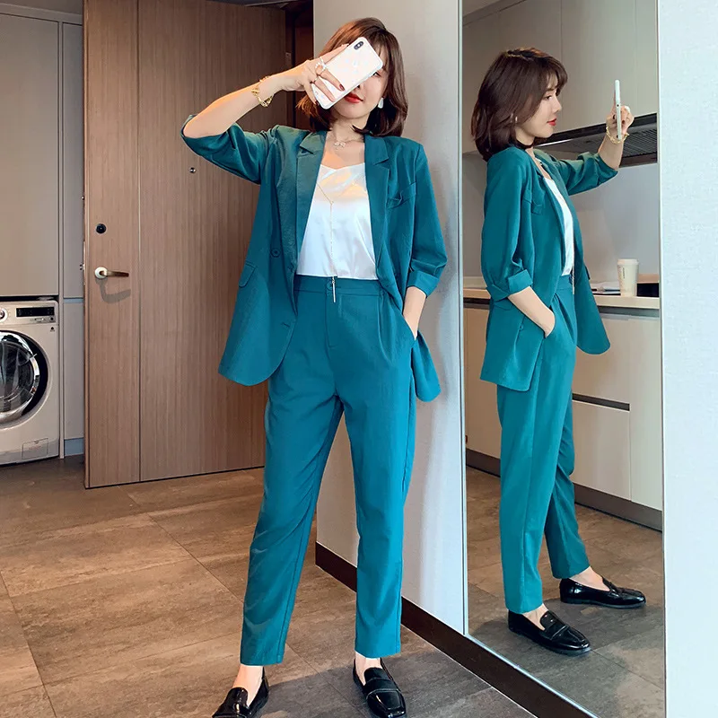 Large size women's cotton and linen thin suit  spring and autumn spring and autumn Double Breasted two-piece set