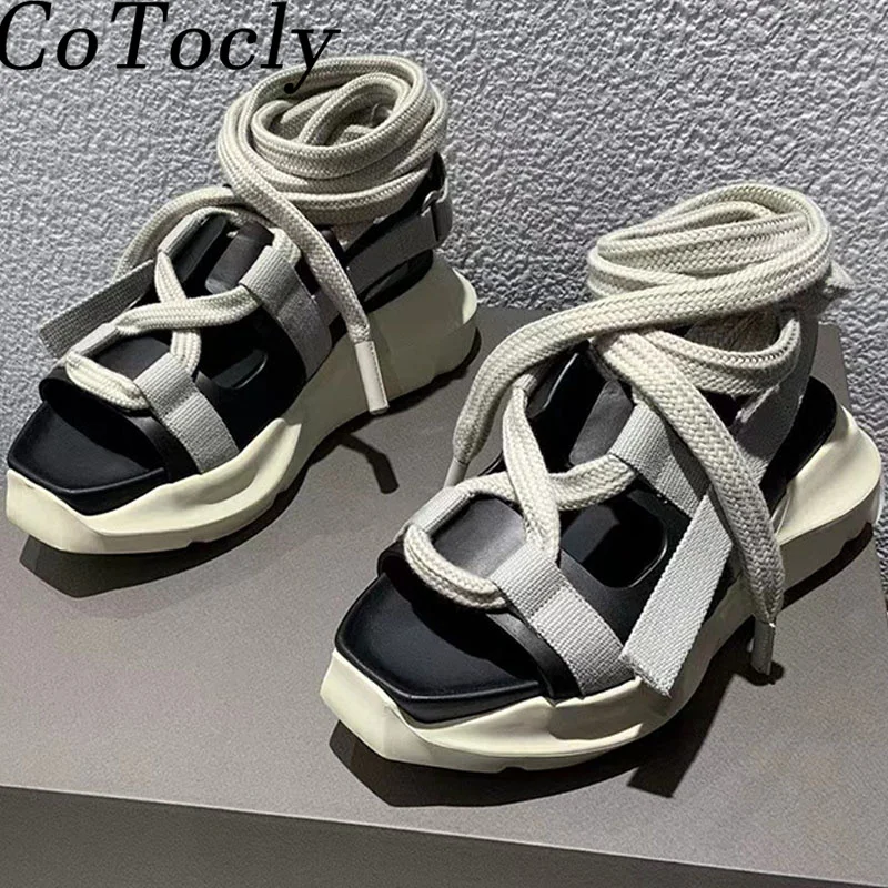 

Platform Sandals For Women Black Genuine Leather Roman Shoes Lady Cross Tied Summer Thick Sole Sandals Woman Sandalias Mujer