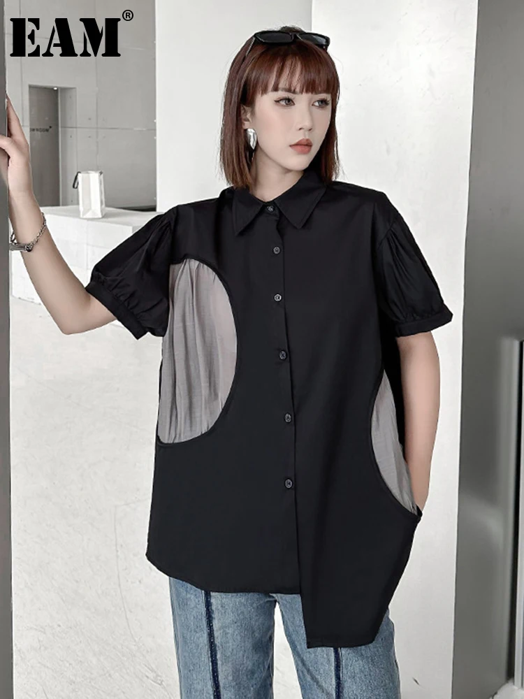 

[EAM] Women Gray Pleated Irregular Big Size Blouse New Lapel Short Sleeve Loose Fit Shirt Fashion Spring Summer 2023 1DF6479