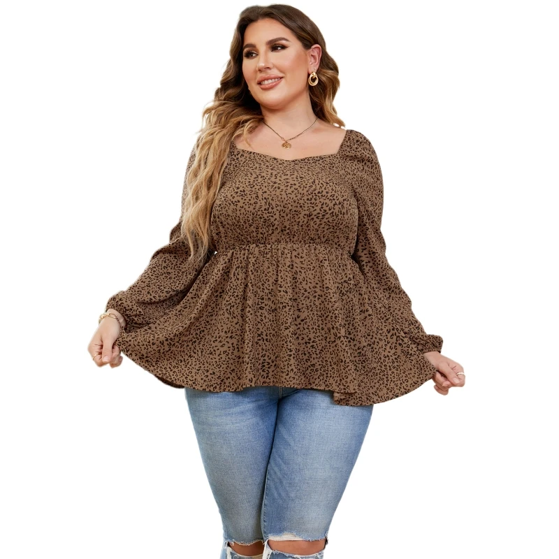

Womens Plus Size Puff Long Sleeve Blouse Vintage Leopard Print Square Neck Tunic Shirt Elastic Waist Ruffles Peplum Tops