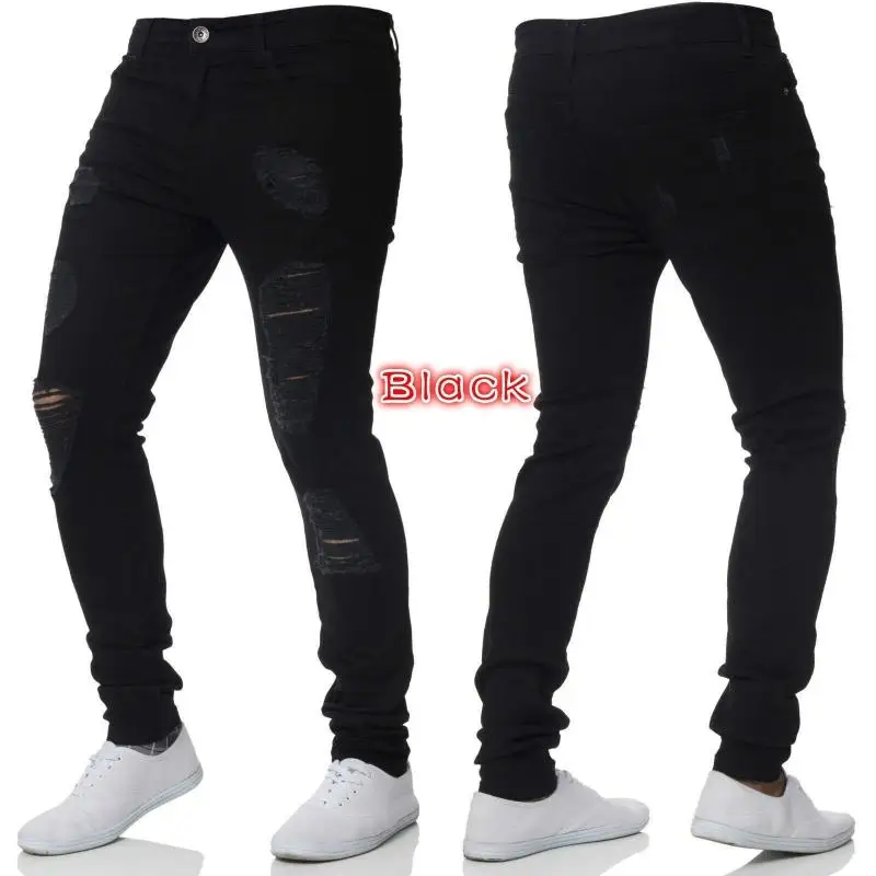 Men's Slim Fit Ripped Biker Pencil Pants Solid Color Frayed Male Pants Jeans Men Jeans Casual Fashion Long Pants Trousers