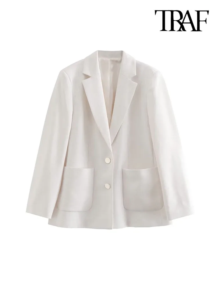 

TRAF Women Fashion Front Buttons Blazer Coat Vintage Long Sleeve Patch Pockets Female Outerwear Chic Veste Femme