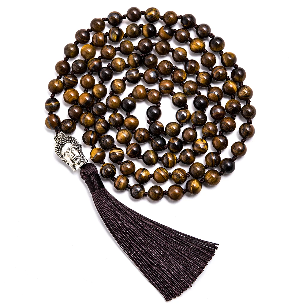 

8mm Natural Brown Tiger Eye Knotted 108 Mala Prayer Beads Necklace Meditation Yoga Jewelry with Buddha Head Tassel Pendant