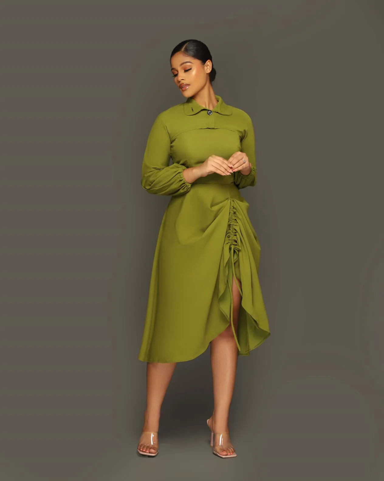 

Elegant Midi Dress 2 Piece Set Women 2022 Autumn Winter Long-sleeved Shawl Jacket Long Dress Sexy Shirring Folds Party Outfits
