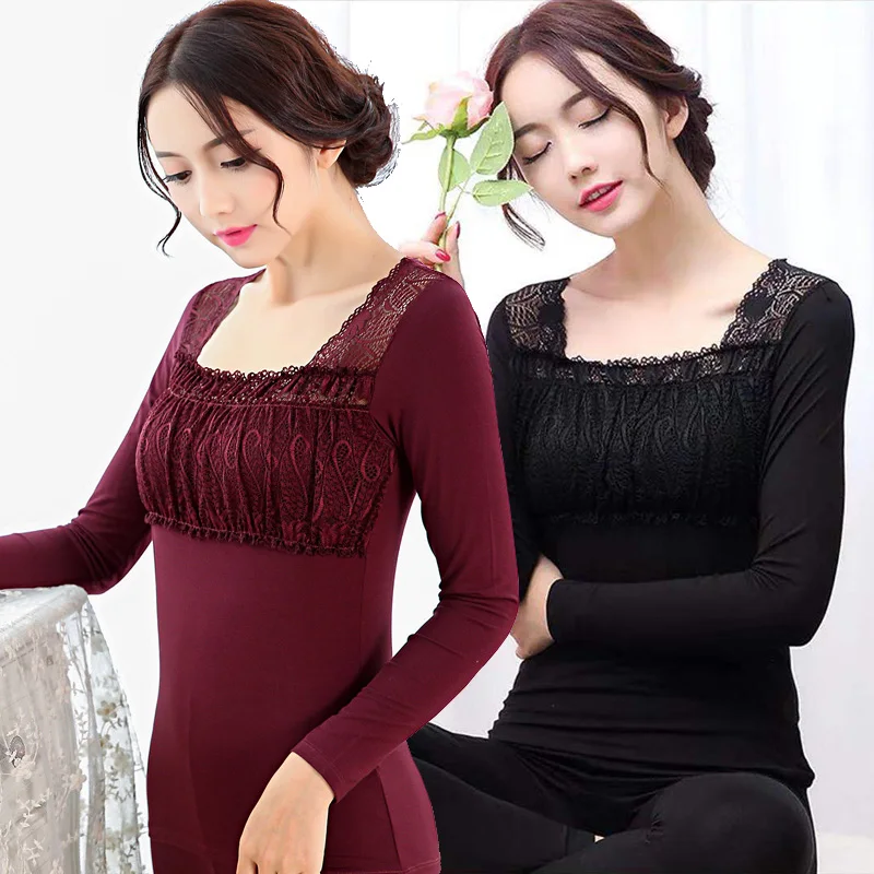 

Sexy Lace Thermal Long Sleeve Underwear Sets for Women Autumn Winter Warm Body Shaper Sleepwear Suit Long Johns Pajamas Bodysuit