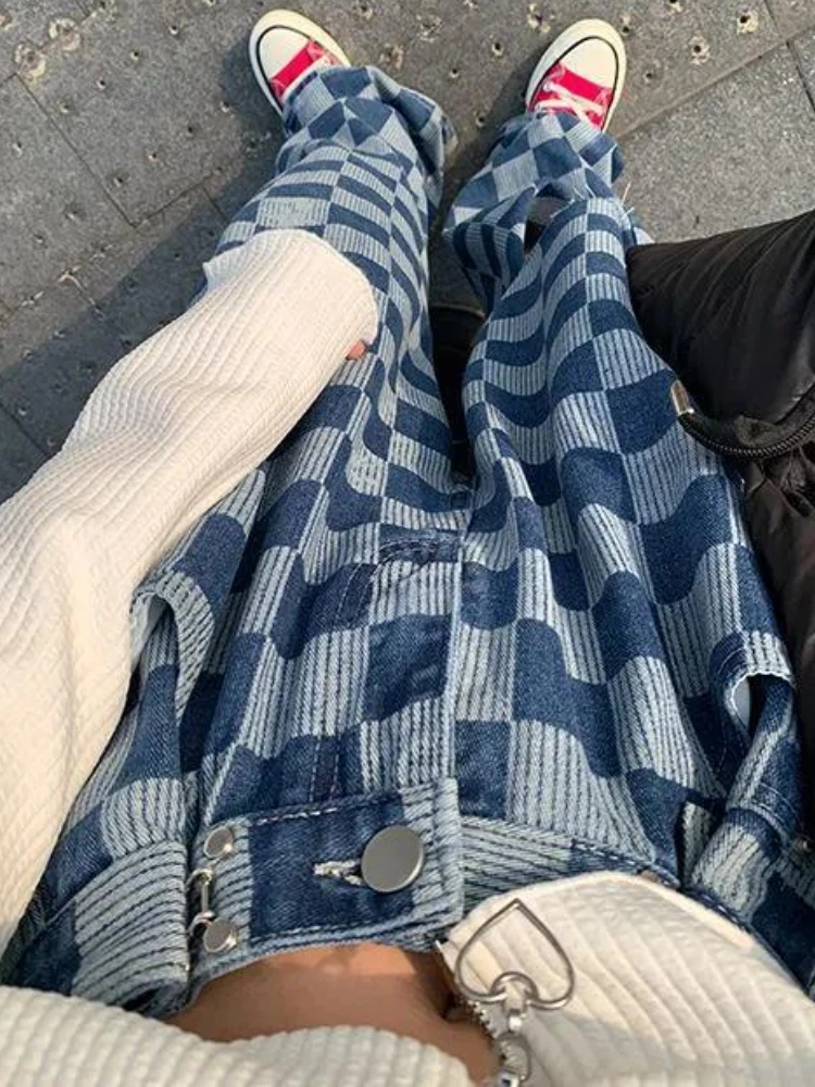 Plaid Jeans Women S-4XL Hole Personality Creativity All-match Retro Loose Hipster Korean Style Empire Chic Summer Denim Trousers