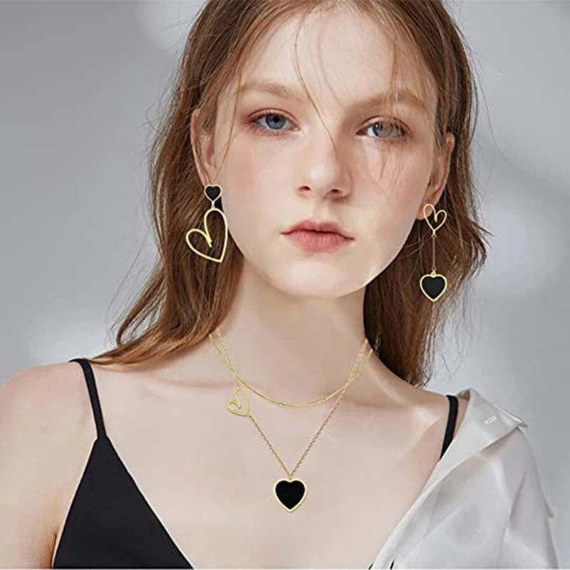 Модные эмалевые черные и красные асимметричные серьги в форме сердца для женщин