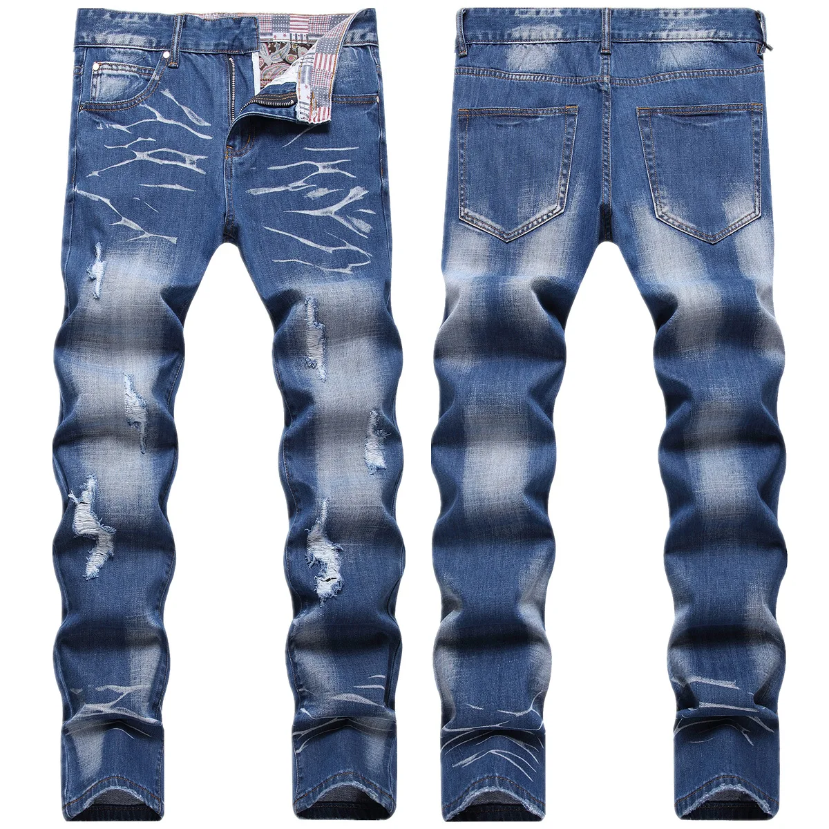 

Mens Jeans Fashionable and Fashionable Brand Tear Hole Patch Slim Fit High Quality Straight Tube Motorcycle Bike Pants for Men