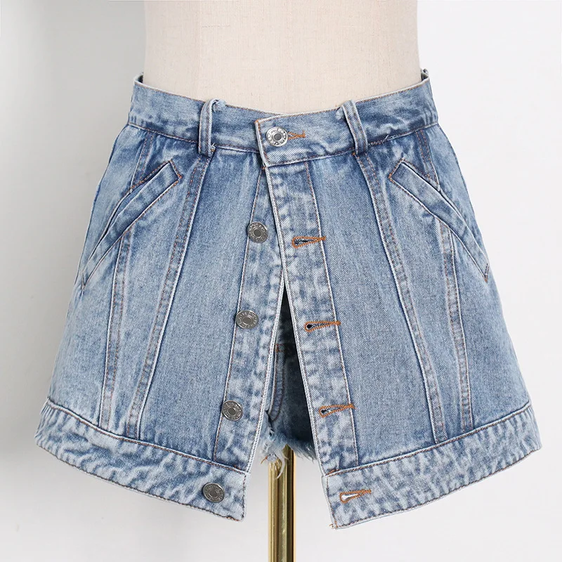 Fashion Chic Irregular High Waisted Shorts Skirts 2021 Women Single Breasted Ladies Denim Shorts Spring Summer Shorts Streetwear