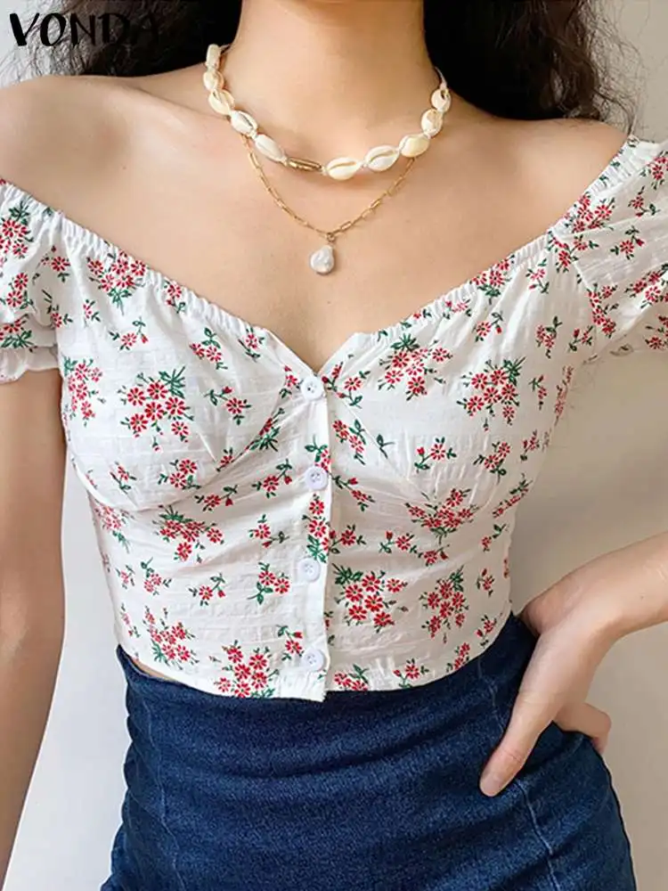 

VONDA Summer Tops 2022 Women Floral Printed Crop Tops Blusas Bohemian Stylish Shirts Women Square Collar Blouse Femininas