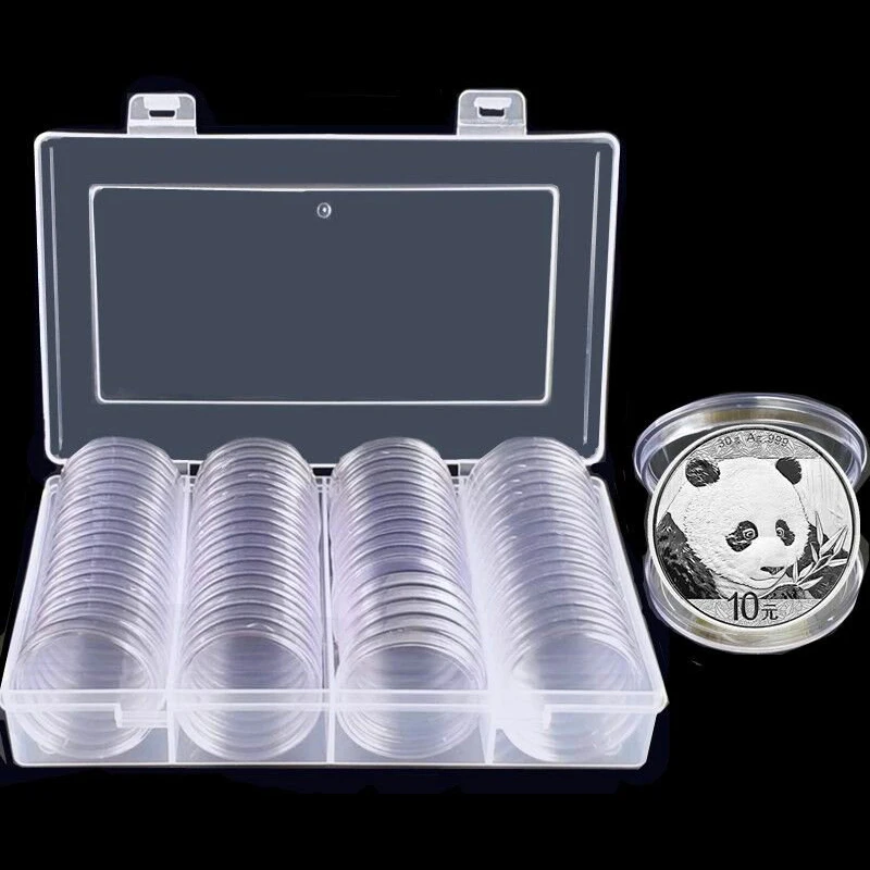 

60x 40mm Coin Storage Box Clear Round Plastic Coin Capsule Container Empty Storage Box Holder Case Panda Coin Round Box Case