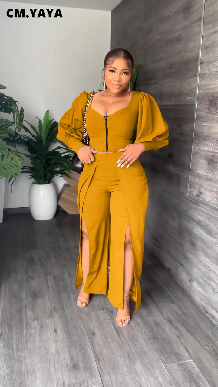 Женский костюм с длинными рукавами-фонариками CM.YAYA уличный из рубашки на молнии и