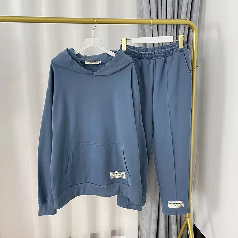 

2023 Женская Повседневная хлопковая толстовка + брюки до щиколотки свободный и удобный комплект из двух предметов Женский комплект из двух пр...