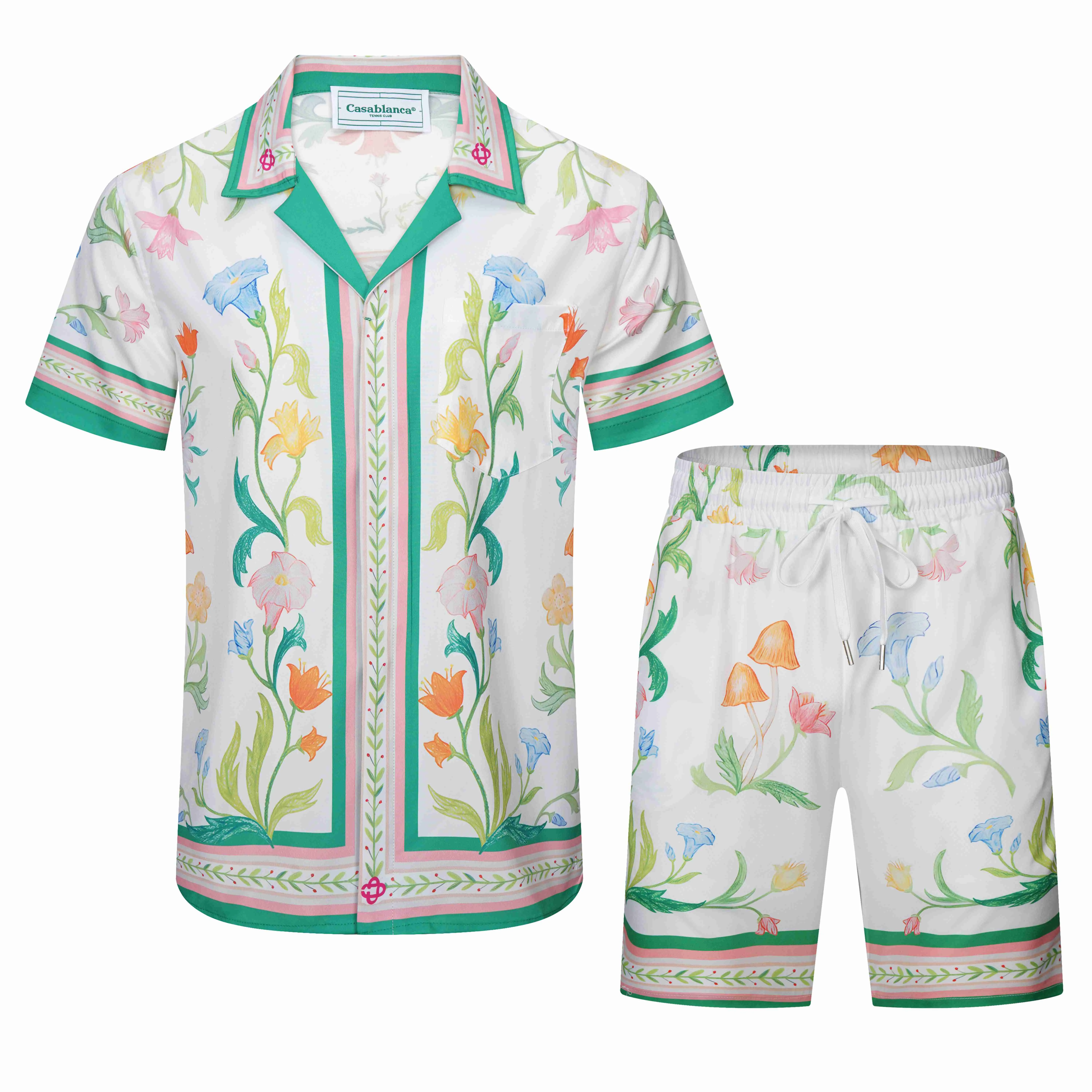 

New all-match Casablancas men's short-sleeved shorts suit printed male youth high-value beach suit two-piece set